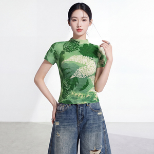 Women's Short Sleeve Loose Casual Fit Knitted Chiffon Pleated T-shirt Turtleneck Floral Print Eco-Friendly Vintage Breathable - Product Image 2
