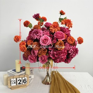 Boules de fleurs DKB 45 cm orange et rose vif, romantiques et vibrantes, en soie, roses et dahlias artificiels faits à la main - Product Image 6