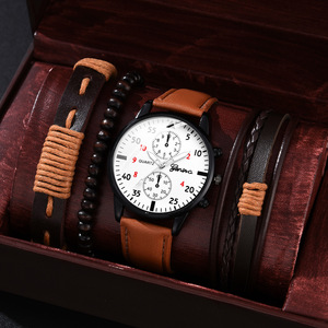 Meilleure Vente d'Usine Style Tendance <span class=keywords><strong>Bracelet</strong></span> en Cuir Marron et <span class=keywords><strong>Noir</strong></span> <span class=keywords><strong>Montre</strong></span> Ronde <span class=keywords><strong>Homme</strong></span> Ensemble de Bijoux (Boîte d'Emballage Non Incluse) - Product Image 3