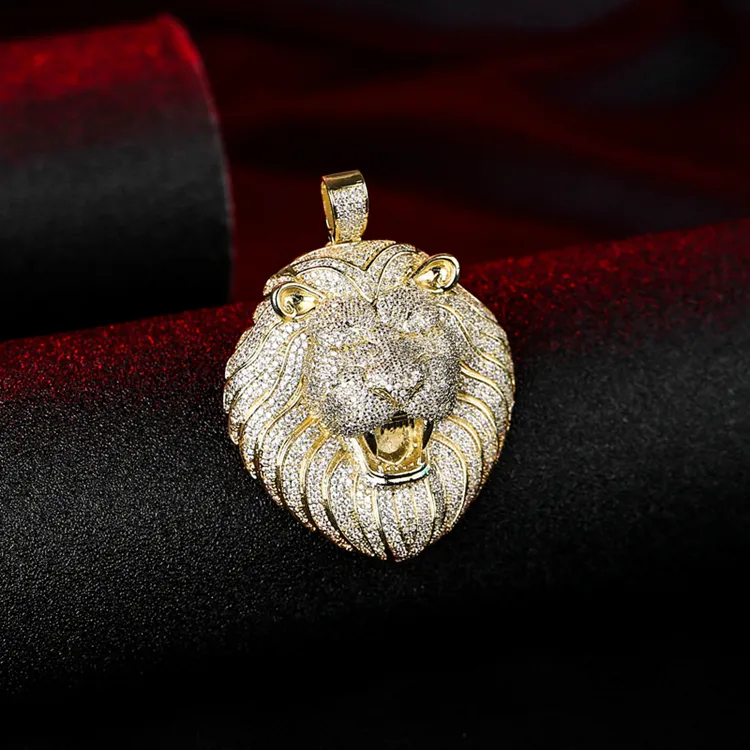 Hiphop Jewelry 14K Gold CZ AAA Diamond Lion Head Pendant Necklace