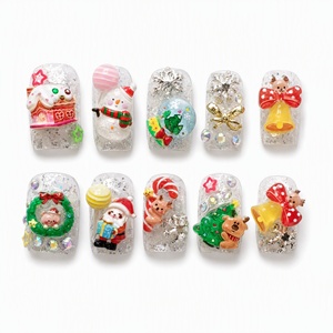 Uñas Postizas Navideñas con Brillo, Puntas de Uñas con Dibujos Animados en 3D, Cobertura Completa con Pedrería, Reutilizables, para Mujer - Product Image 1
