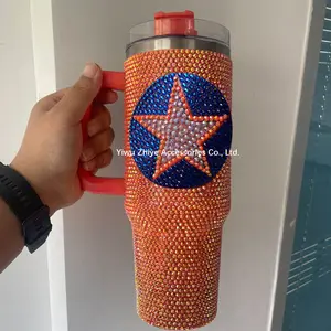 Custom Bling Studded Texas Astros Star Pointed 40oz Stainless Steel Tumbler With Handle 40oz Houston Astros Bling Tumbler