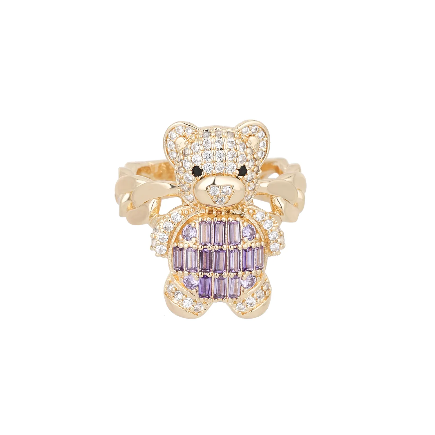 Personalized Hip Hop 14k Gold Plated Cute Animal Purple Bear cubic zirconia Copper Teddy Bear Ring