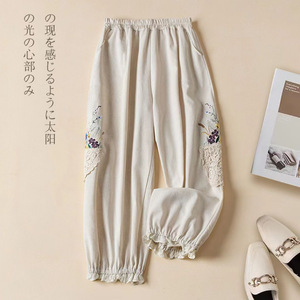 Cotton Linen Harem Pants Women's Casual Loose Fit Embroidered Lace Trim High Waist Breathable Khaki Green Raw Linen - Product Image 4