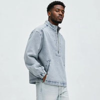 Fournisseur de vêtements personnalisés en Chine 2026 – Blouson en jean à col montant et demi-zip, effet éclaboussures de peinture, délavage clair – Manteau en jean personnalisé