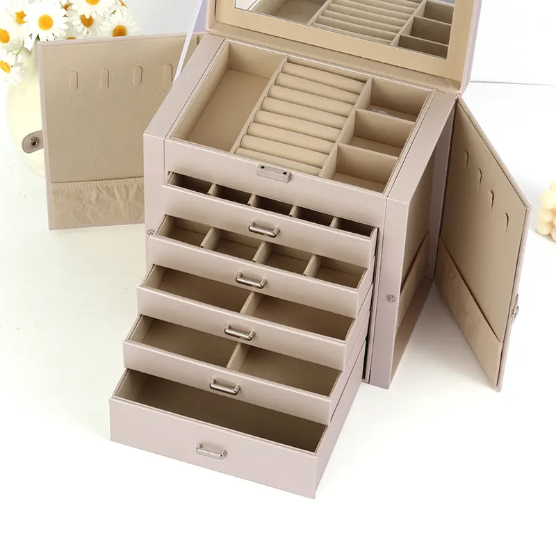 Factory Direct 5-Layer Drawer Storage Leather Jewelry Case Durable and Attractive Champagne Color for Jewelers