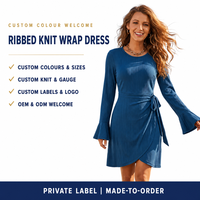 Robe mini en maille côtelée personnalisée pour femme, col rond, manches cloche, ourlet tulipe, taille à nouer, fabricant OEM ODM