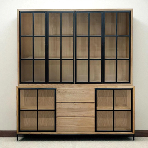 Buffet et hutch, 3 tiroirs, 6 portes vitrées, teck recyclé |   Vitrine en verre pour curiosités |   Étagère, vitrines et présentoirs pour loisirs créatifs - Product Image 1
