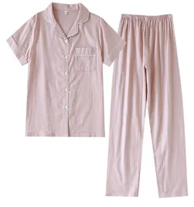 Dames Katoenen Effen Colour Korte Mouw Lange Broek Goedkope Pyjama Sets Satijnen Slaapset