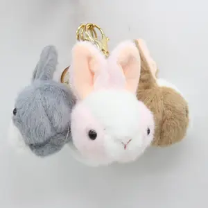 Fluffy Bunny Toys Ear Keychain Cute Rabbit Head Key Chain Faux Fur Bag Car Pendant Charms Keyring Pompom Holder