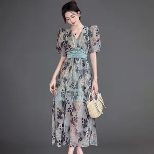 ZYHT 50461 New Puff Short Sleeve Women Summer Boho Maxi Summer Floral Vestidos Mujer Casual Dress