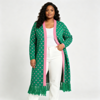 Cardigan long en maille jacquard à pois pour femme grande taille, ouvert sur le devant, avec ourlet long, style manteau-pull, bordure contrastante rose et poches
