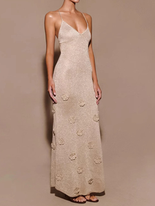 Nuovo Abito Estivo <span class=keywords><strong>da</strong></span> <span class=keywords><strong>Donna</strong></span> in Maglia, Stile Europeo e Americano, Monocolore con Scollo a V, Vestito Lungo Aderente - Product Image 4