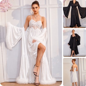 Damen 2-teiliges Satin-Nachtwäsche-Set mit Federbesatz, langer Robe, V-Ausschnitt, Spitzen-Cami-Kleid mit Taillengürtel, 2 Farben, S-L - Product Image 2