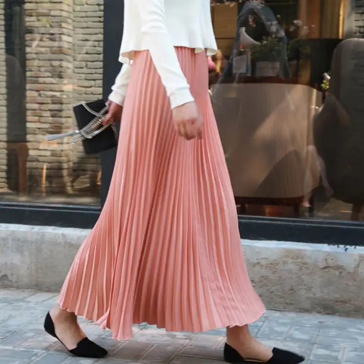 סיטונאי מחיר 2021 אביב קוריאני גרסה של מוצק צבע ארוך גדול גודל קפלים גבוהה מותן נשים אלסטי מותניים חצאית