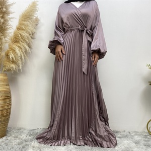 6377# Chic and Elegant Design Elastic Cuff Long Sleeves V Neck Pleated Satin Dress Match All Occasions Muslim <b>Islamic</b> Clothing - Product Image 6