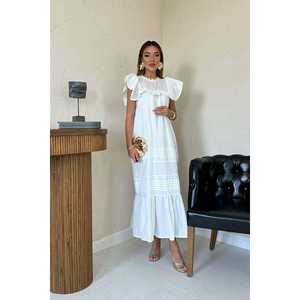 Vestido Blanco con Volantes, Cintura Holgada, Escote con Volantes, Tejido Transpirable, Informal, para Uso Diario - Product Image 3