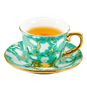 Ceramic Coffee <b>Cup</b> <b>Set</b> With Saucers Green Gold Edging For Afternoon <b>Tea</b> Breakfast Use Round Handle Design - Product Image 5