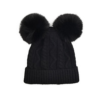 Famille mignon solide hiver tricoté chapeau pour femmes bébé enfants avec détachable Pom Pom chaud fourrure Beanie Crochet chapeau