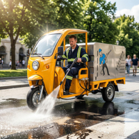 Camion de nettoyage haute pression électrique à trois roues, nouveau modèle, fournisseur chinois en gros, réservoir haute capacité de 200 gallons, 1,5 CV, version étendue