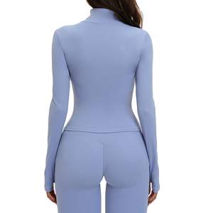 Veste de yoga pour femme EWT7025, manches longues, col montant, fermeture éclair, coupe ajustée, couleur unie bleue, vêtements de sport et de fitness pour l'extérieur - Product Image 1
