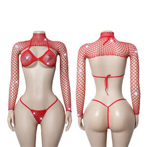 Conjunto de 3 Piezas de Top de Manga Larga Transparente con Pedrería y Cuello Alto Sexy, Bikini con Tanga para Mujer - Product Image 4