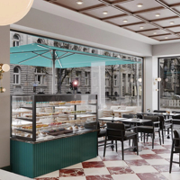 Vitrine de présentation pour boutique de desserts sur mesure, design d'intérieur complet pour magasin avec terrasse extérieure et comptoir de présentation en verre