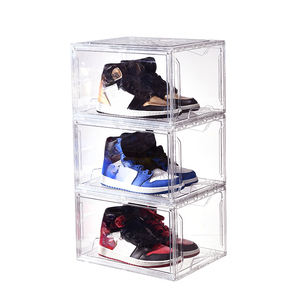 Side Drop Kích Thước Lớn Giày Organizer <span class=keywords><strong>Box</strong></span> Đen Nhựa Stackable Giày Lưu Trữ Thùng Tiết Kiệm Không Gian Giữ Giày Sneaker Hiển Thị Trường Hợp - Product Image 2