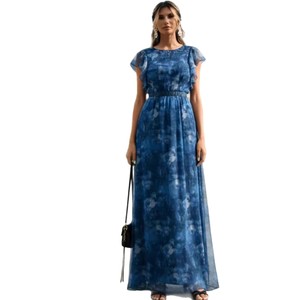 Robe de soirée et de bal de demoiselle d'honneur à col en V, imprimée, en maille, à volants, coupe trapèze, à grande ampleur, avec superposition transparente à imprimé floral - Product Image 5