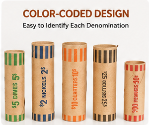Envoltorios para Monedas de Diferentes Valores, Rollos de Papel Kraft Preformados, 4 Colores, 4 Tamaños, para Monedas de 25 Centavos, 1 Centavo, 5 Centavos, 10 Centavos y 1 Dólar, 128 Unidades en Total - Product Image 4
