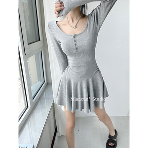 U Neck Long Sleeve Fitted Waist Pleated Skirt Dress Women High Waisted Casual Daily Wear - Product Image 2