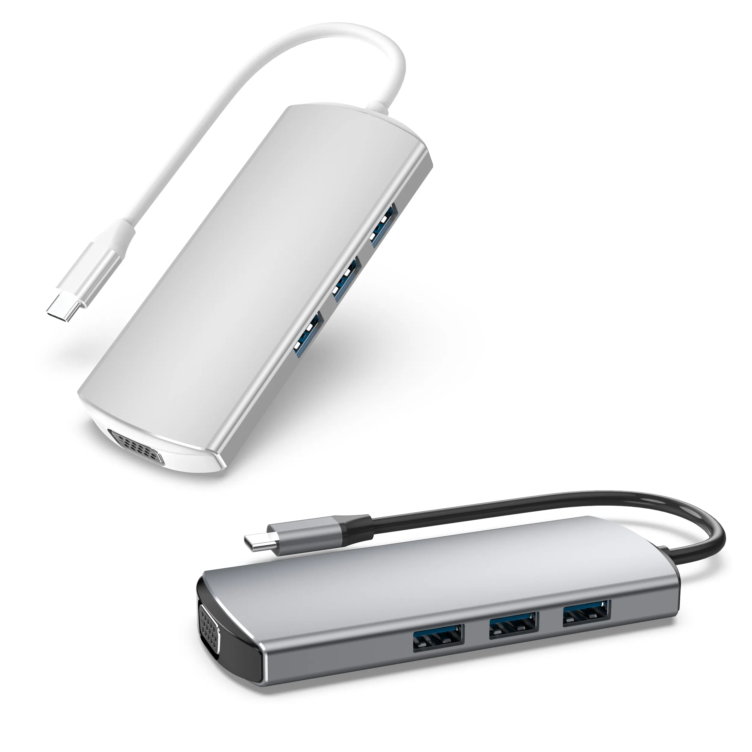 Fjgear سعر المصنع نوع C إلى USB3.0 * 3 + USB-C PD + SD + TF فتحة + HDMI + VGA Pd + s + رمادي أبيض 3 منافذ