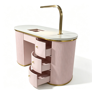 Table à ongles rose cannelée avec lampe LED, 3 tiroirs de rangement, bureau de manucure, poste de travail de luxe pour salon de beauté et spa - Product Image 2