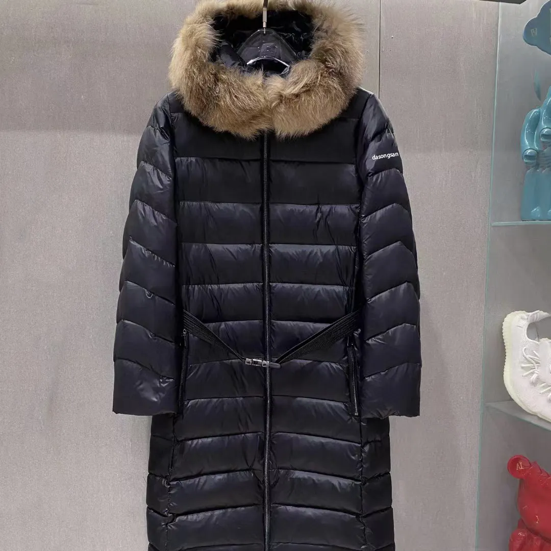 Frauen langen Wintermantel Damen Daunen Parka Daunen Long Down Puffer Jacke schwarz übergroße Puffer Jacke Frauen Fuchs Fell Kapuze Parka