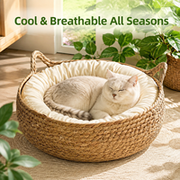 Lit pour chat ovale portable en rotin tressé moderne, nid pour animal de compagnie mignon, coussin en coton chaud, amovible, lavable, toutes saisons
