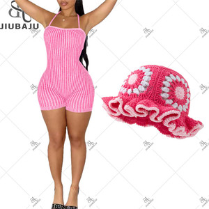 Bộ hai món đồ áo liền quần chắp vá sọc dệt kim cho nữ + Mũ đan móc - Product Image 2