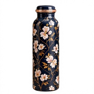 Ethnic Printed White Floral Navy Blue <b>Copper</b> <b>Water</b> <b>Bottle</b> with <b>Copper</b> Lid Eco Friendly Travel Drinkware - Product Image 1