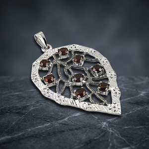 Art Palace Silver Plated Leaf Pendant With <b>Garnet</b> Stones Vintage Themed Charm Unisex Fashion Jewelry - Product Image 1