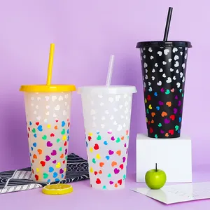 Heart Magic Tumblers 24Oz PP Màu Lạnh Thay Đổi Cốc Cà Phê Nhựa Có Thể Tái Sử Dụng Có Nắp Và Ống Hút