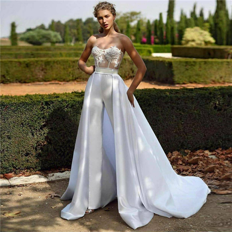 Sweetheart Jumpsuit Wedding Dresses, A-Line Backless Bridal Gown With  Detachable Train, Lace Appliques, Satin Comfort