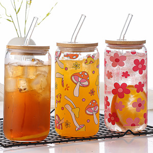 16oz Flower <strong>Mushroom</strong> Pattern Drinking <strong>Glasses</strong> With Bamboo Lids and Straws Cute Tumbler Cup For Wine Cocktail Boba Tea Gift - Product Image 2