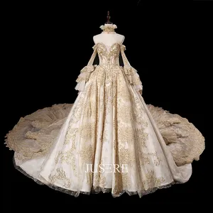 JUSERE orijinal tasarım sevgiliye gelinlik altın dantel nakış boncuklu Custom made gelin elbise Robe De Mariage