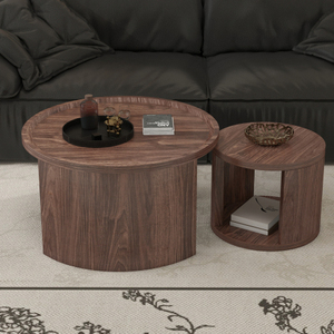 Modern Durable <b>Round</b> <b>Nesting</b> <b>Coffee</b> <b>Table</b> Set of 2 Natural Wood & Walnut MDF for Living Room & Bedroom - Product Image 5