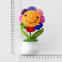 Mini plante en pot tournesol souriant au crochet fait main, fleur tricotée en coton multicolore, décoration de bureau, cadeau