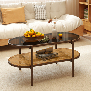 Table basse ovale en verre trempé avec étagère de rangement en rotin à 2 niveaux, cadre en métal imitation bois, table d'appoint pour salon - Product Image 1