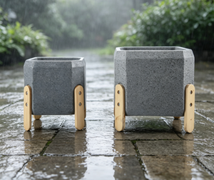 <b>Square</b> Tripod Plant Pot Set of 2, Grey Textured Flower <b>Planter</b> with <b>Wooden</b> Legs, Indoor Outdoor Decorative Plant Container - Product Image 1