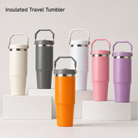 Tumbler Vakum Stainless Steel Dinding Ganda 30oz Grosir dengan Gagang dan Sedotan, Tutup Sedotan Lipat Anti Bocor, Mug Kopi untuk Perjalanan