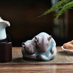 Figura de cerámica del zodiaco de la rata, estilo Ru Kiln, diseño de crecimiento en conjunto, para sala de té, sala de estar, escritorio, decoración del hogar - Product Image 1