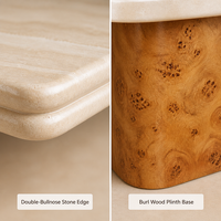 Meubles sur mesure de luxe privés, table basse en travertin avec base en bois de burl, surface émaillée en deux parties, dessin CAO, service VIP
