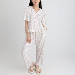 HUOYOUNG pijama personalizado 100% ropa de dormir de algodón para mujer Floral cuello en V cárdigan corto Top y pantalones Loungewear pijamas conjunto de mujeres - Product Image 3